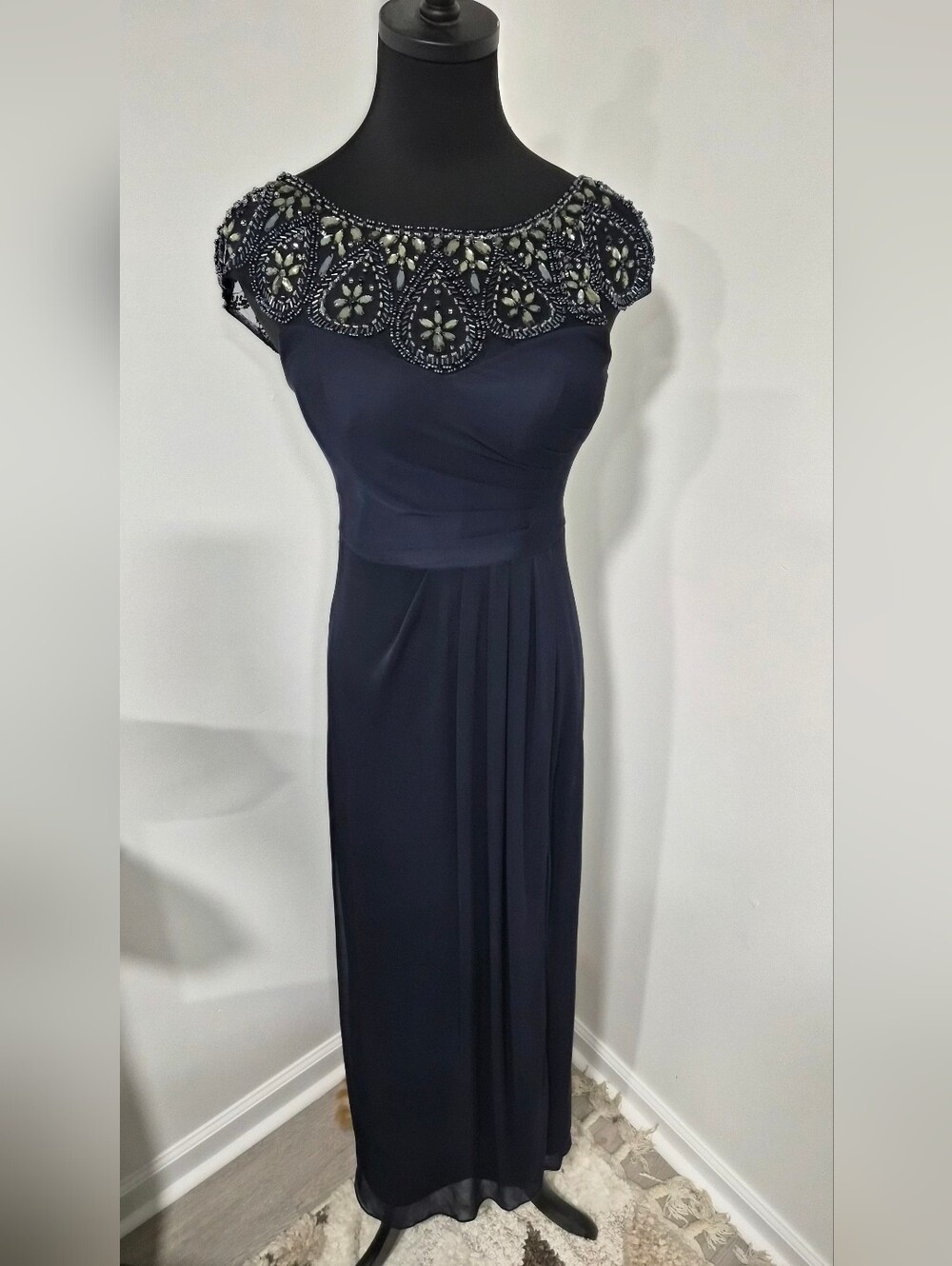 Xscape Navy Maxi Gown with Beaded Yoke - Size 2p
